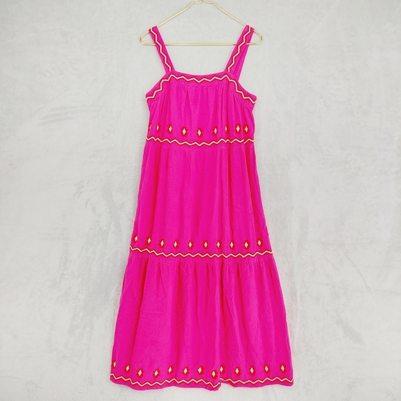 LOFT  Embroidered Tiered Square Neck Pink Flare Midi Dress P5722 - Picture 2 of 8